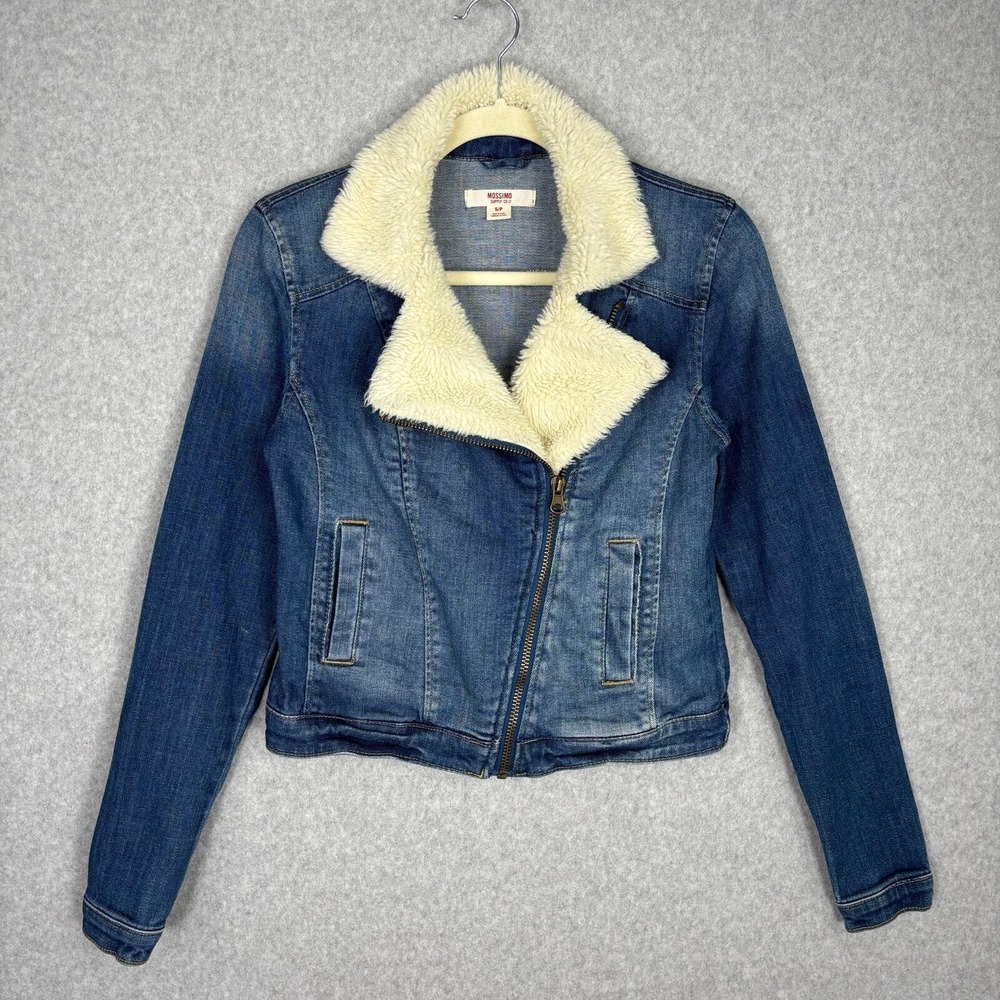 VTG Mossimo Sherpa Flight Bomber Moto Jean Jacket Small Faux Fur Western Y2K